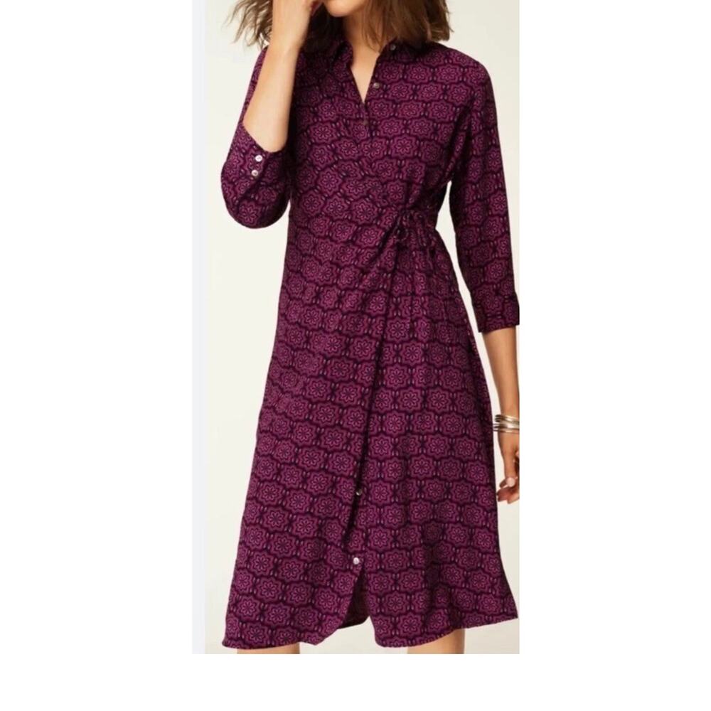 J Jill Wearever Floral Faux Wrap Shirt Dress Women's Medium Purple Navy